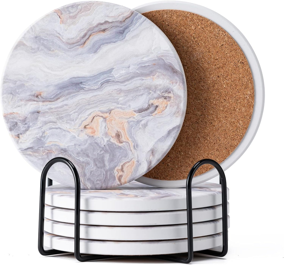 Stacked round gray-purple marble-pattern coasters with cork backing held in a black metal rack.