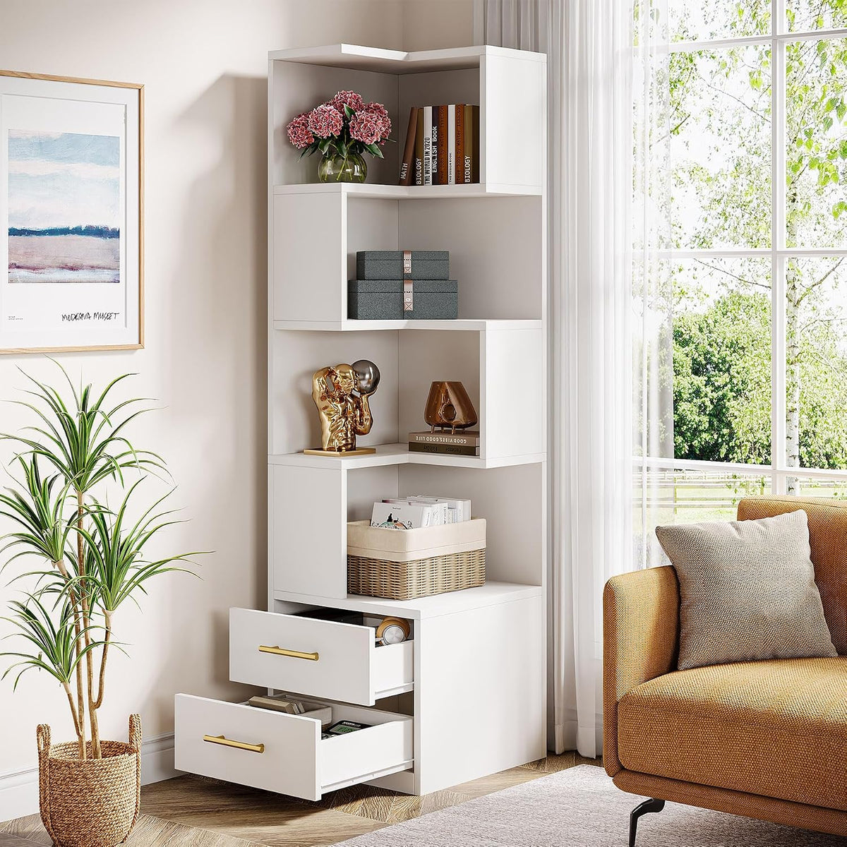 White corner bookcase with open drawers in a bright living room