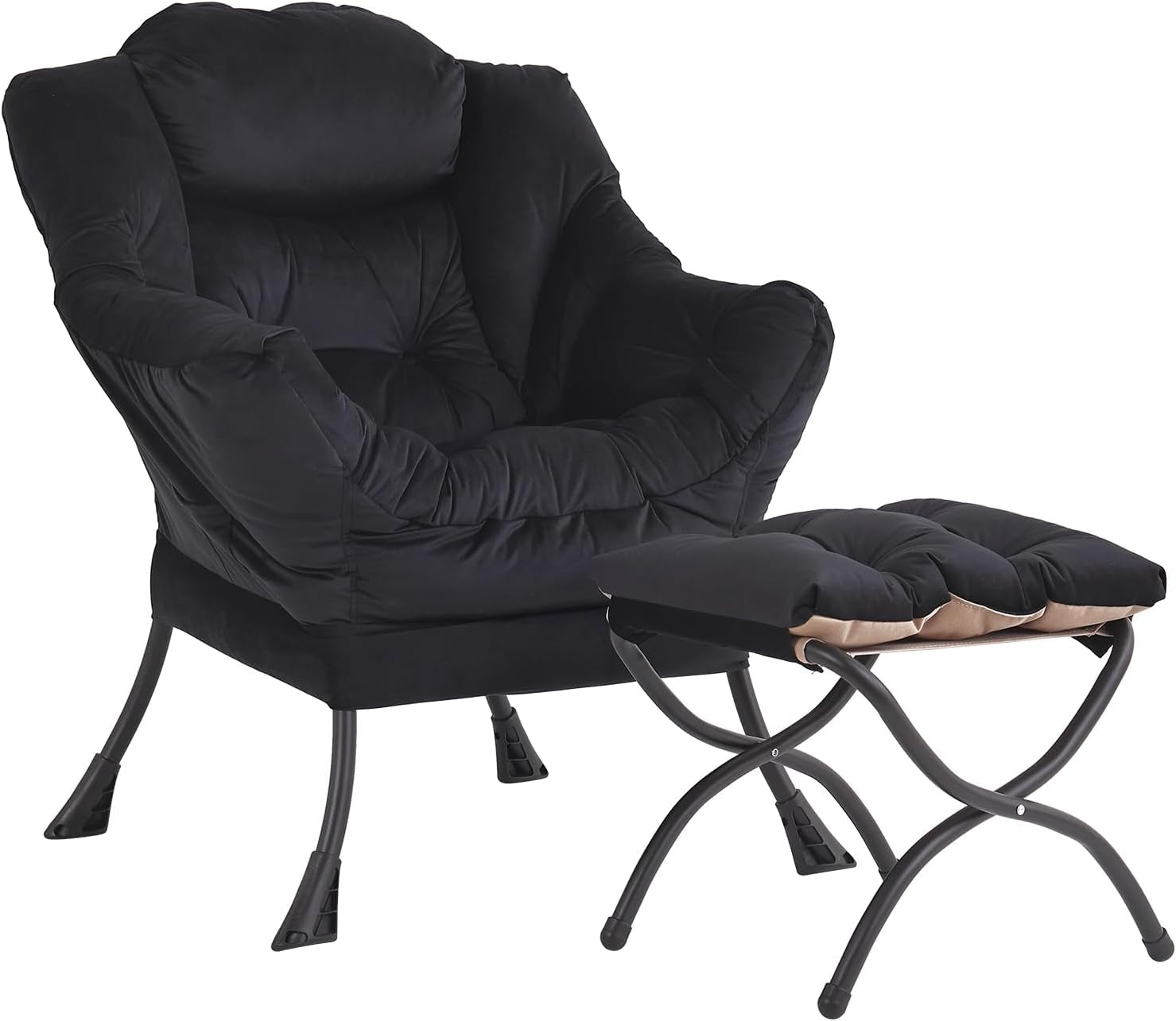 Black cushioned lounge chair with tufted seat and separate padded ottoman, photographed on white
