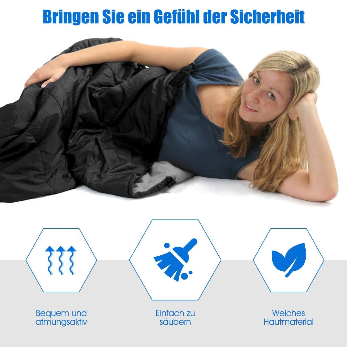 A woman reclines beside a black sleeping bag, with three blue feature icons below.