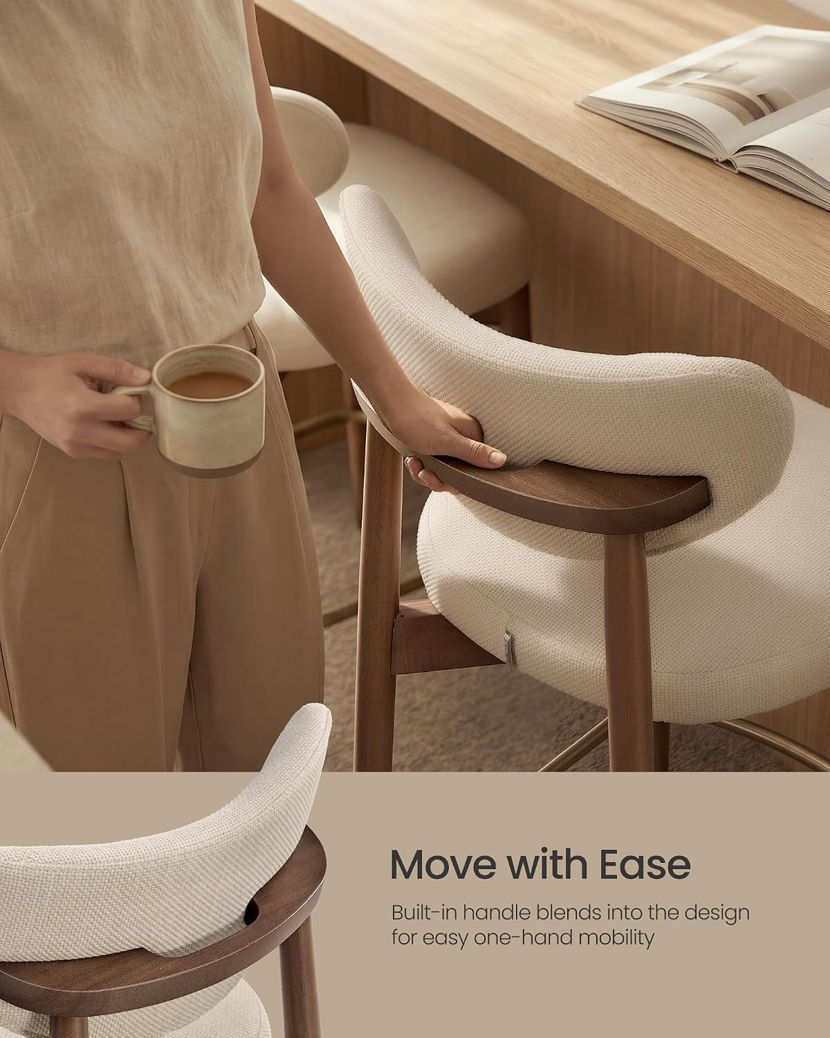 Side view of a beige bar stool showing a curved backrest with a built-in wooden handle and tapered wood legs.