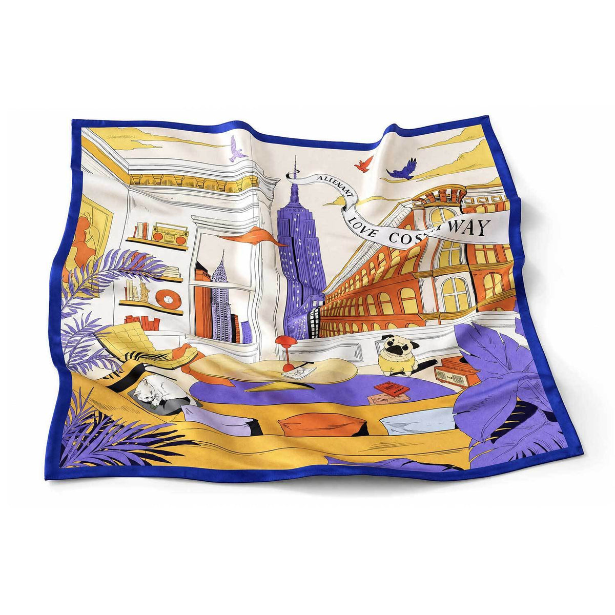 Colorful illustrated scarf with a blue border displayed flat against a white background.