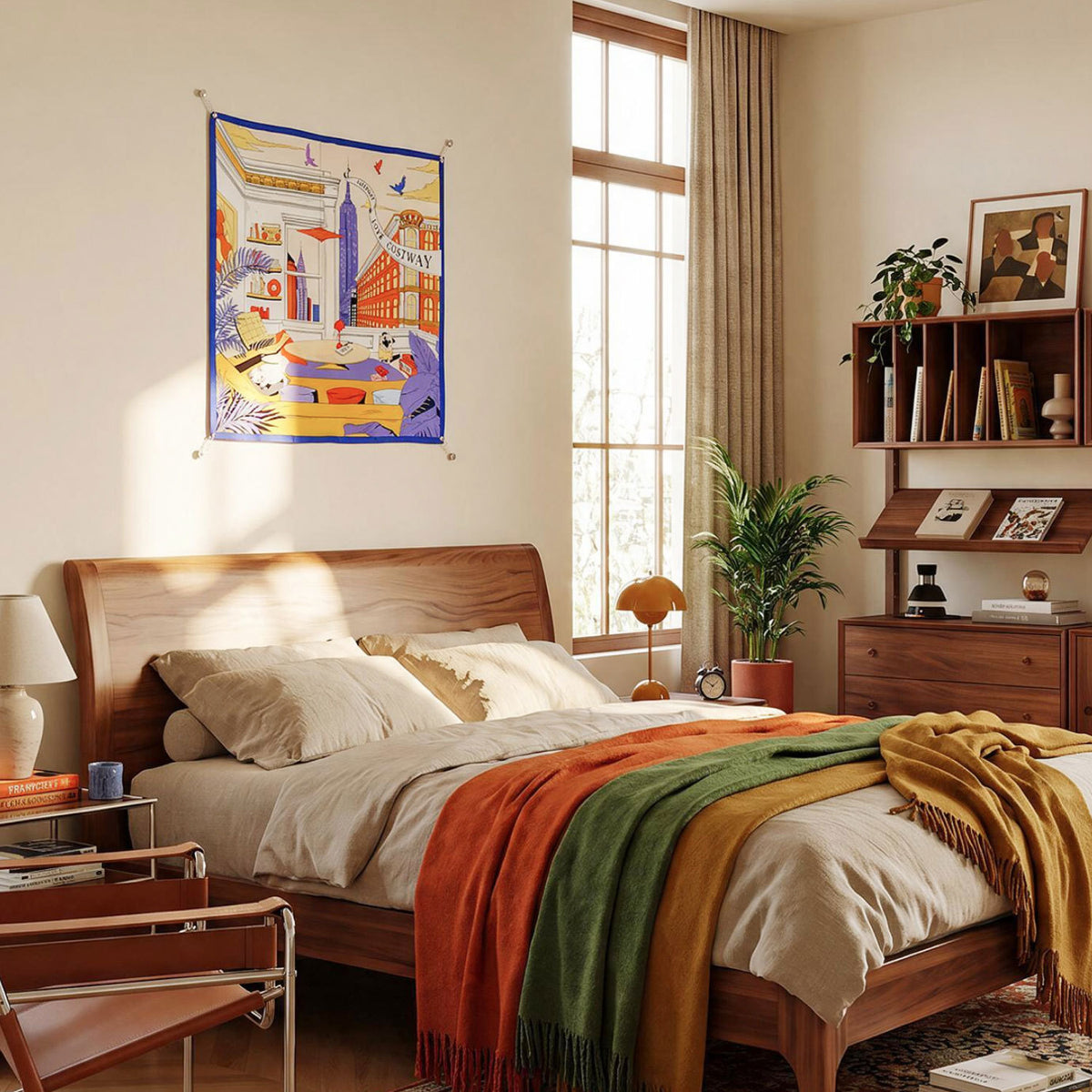 Illustrated scarf hanging above a wooden bed in a bright, warmly furnished bedroom.