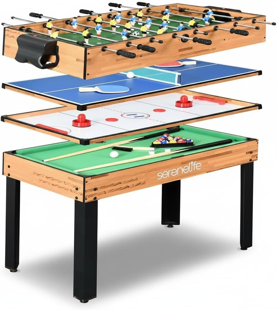 Multi-game table with foosball, ping pong, air hockey and pool layers exploded to show stacked play surfaces
