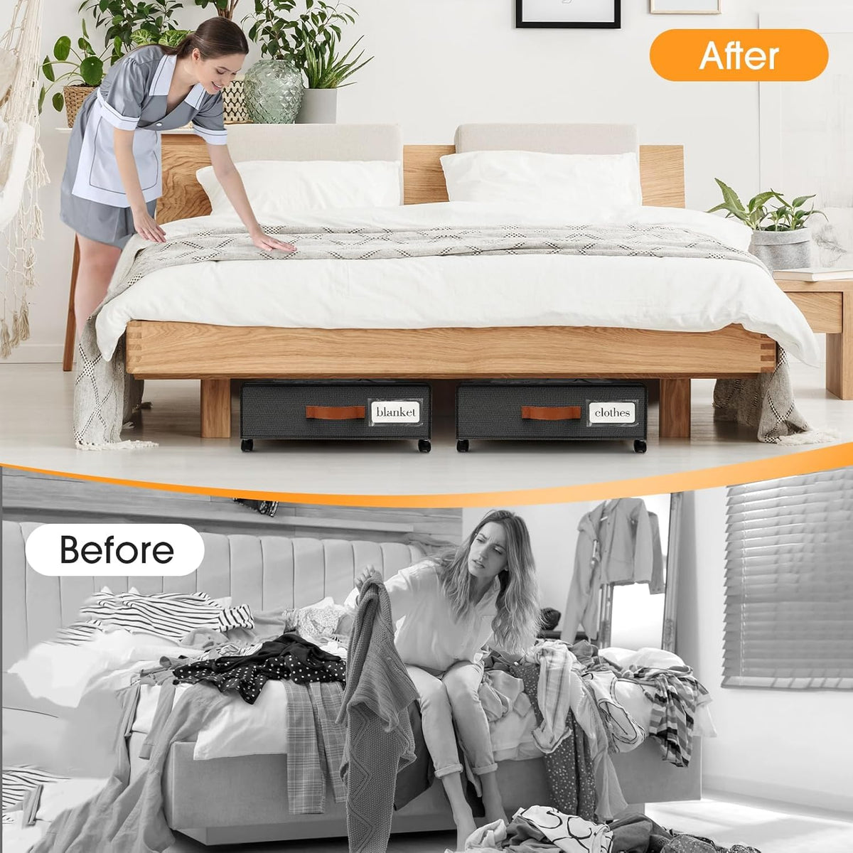 Two dark grey underbed storage boxes stored neatly beneath a wooden bed frame with visible label holders