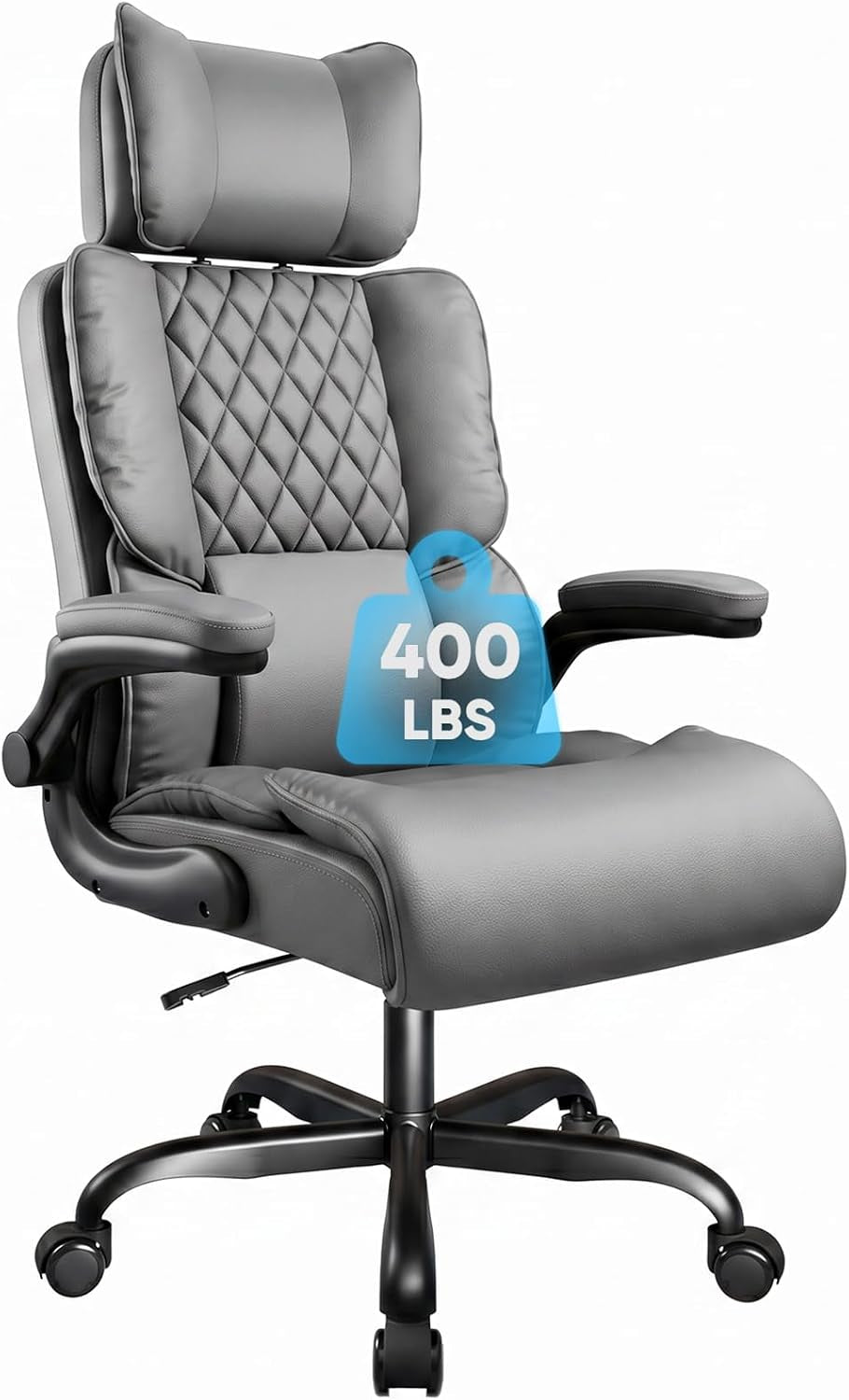 Isolated gray office chair on white background showing padded seat, armrests and five-star base.