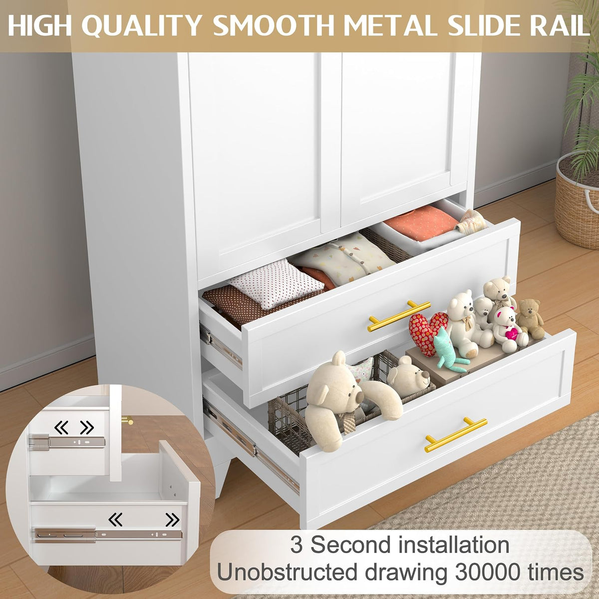 Close-up of the wardrobe's two white drawers open to show metal slide rails and stored toys and folded items.