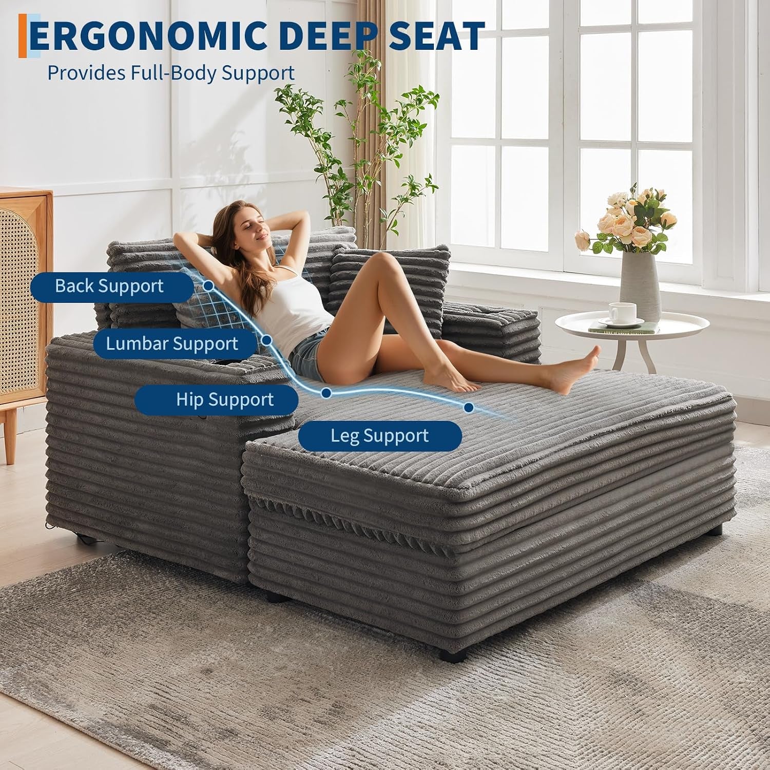Model reclining on grey corduroy chaise illustrating deep seat and full-body support zones