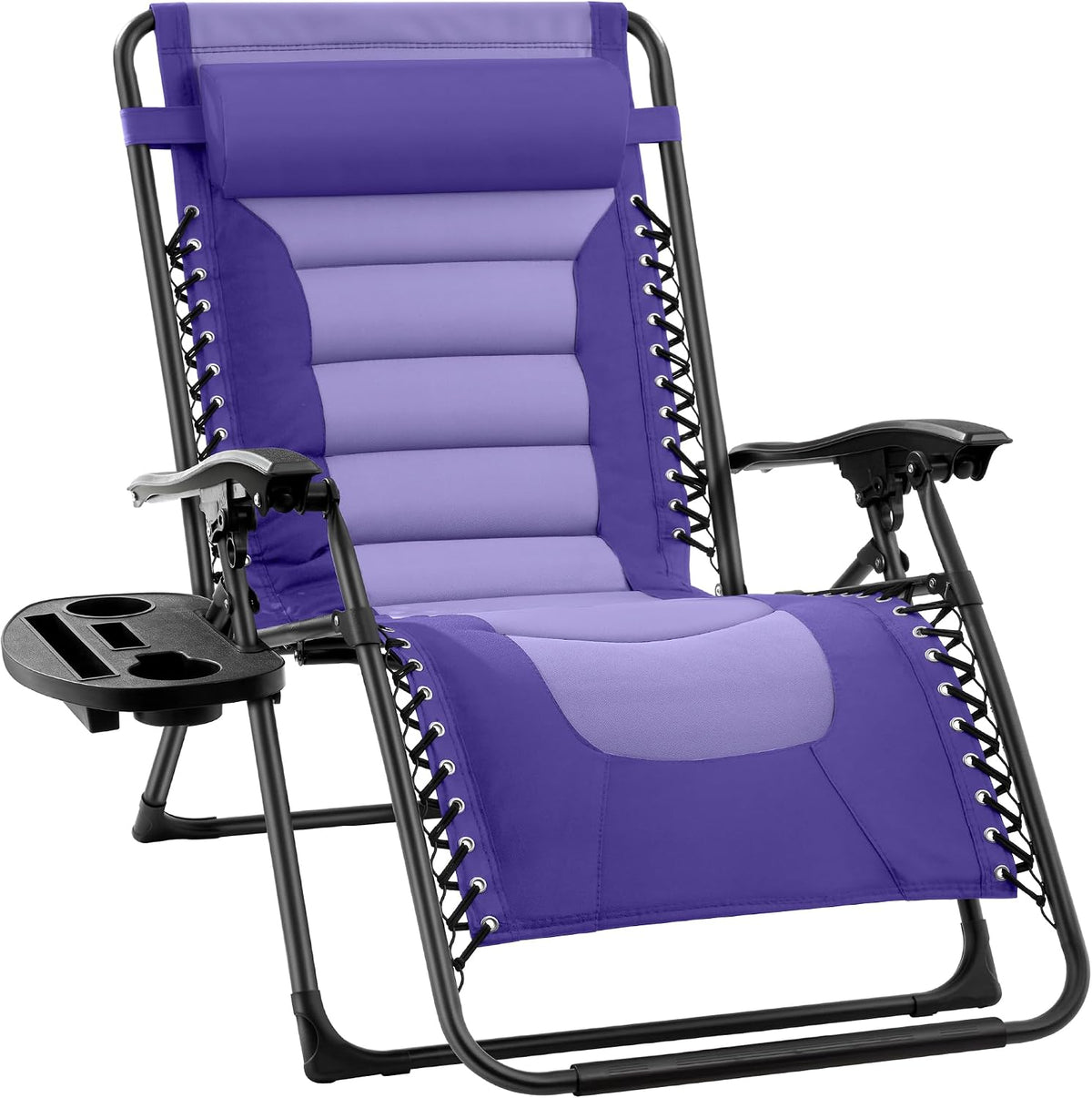 Angled view of a purple-and-lilac padded recliner focusing on contoured seat panels and laced frame