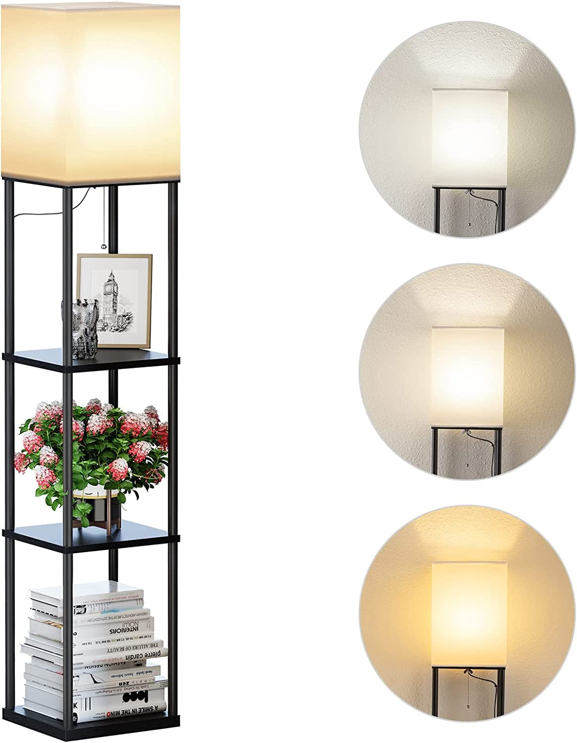 Black floor lamp with square high-density shelves and off-white upward-opening shade, front view.