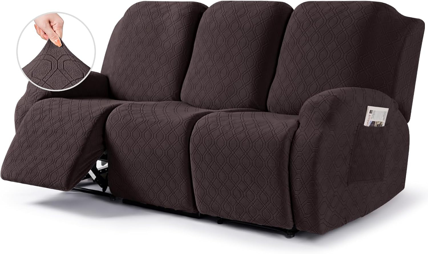 Three-seat recliner sofa in dark brown textured stretch cover with left recliner open