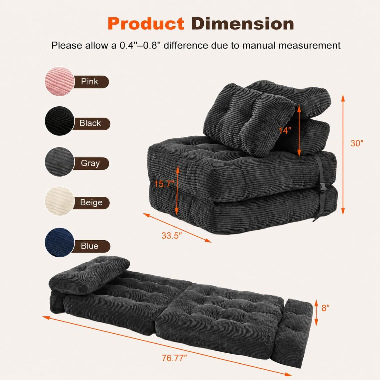 Graphic showing product dimensions and color swatches with the sofa arranged flat as a single sleeper in dark grey