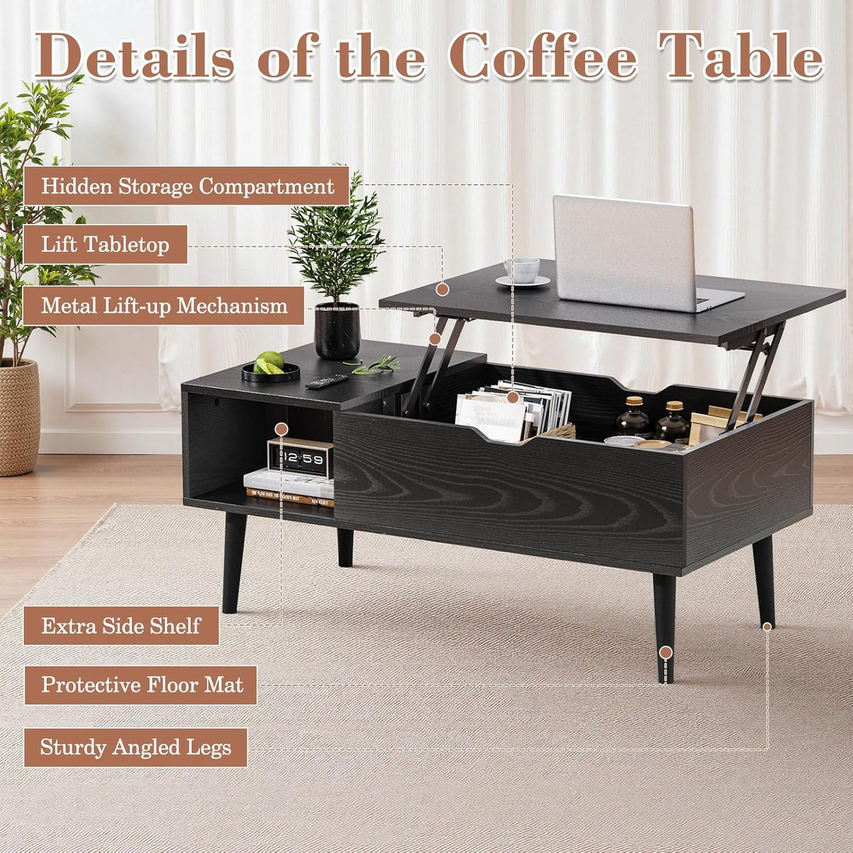 Black lift-top coffee table with one side shelf and open hidden compartment in a bright living room.