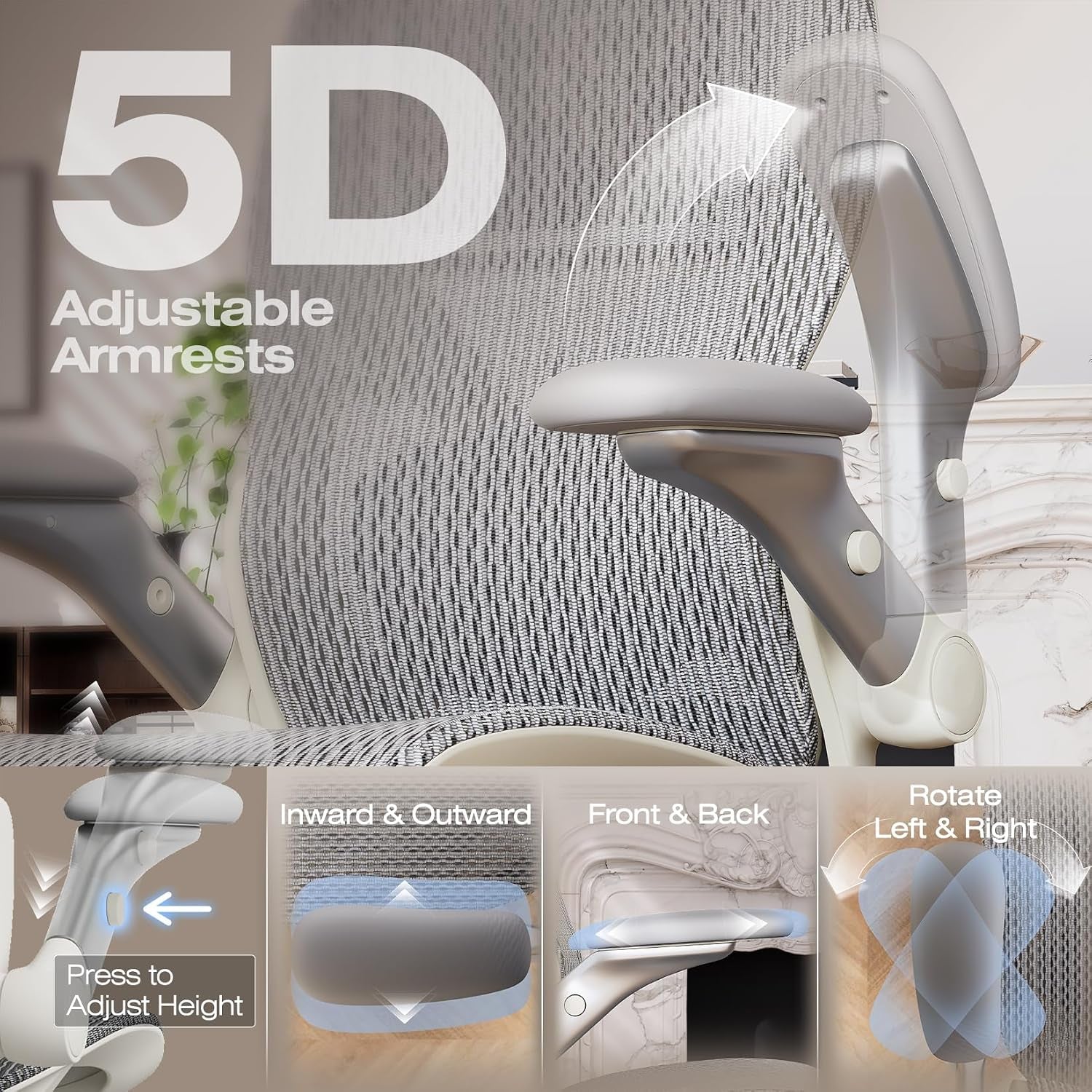 Close-up of grey chair's adjustable 5D armrest showing rotation and height adjustment graphics