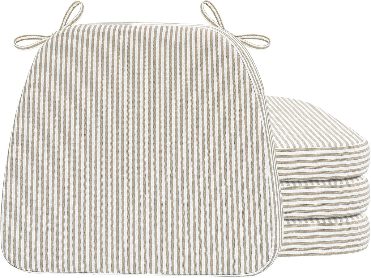 Stack of three beige-and-white striped D-shaped chair cushions, front facing striped panel and ties visible