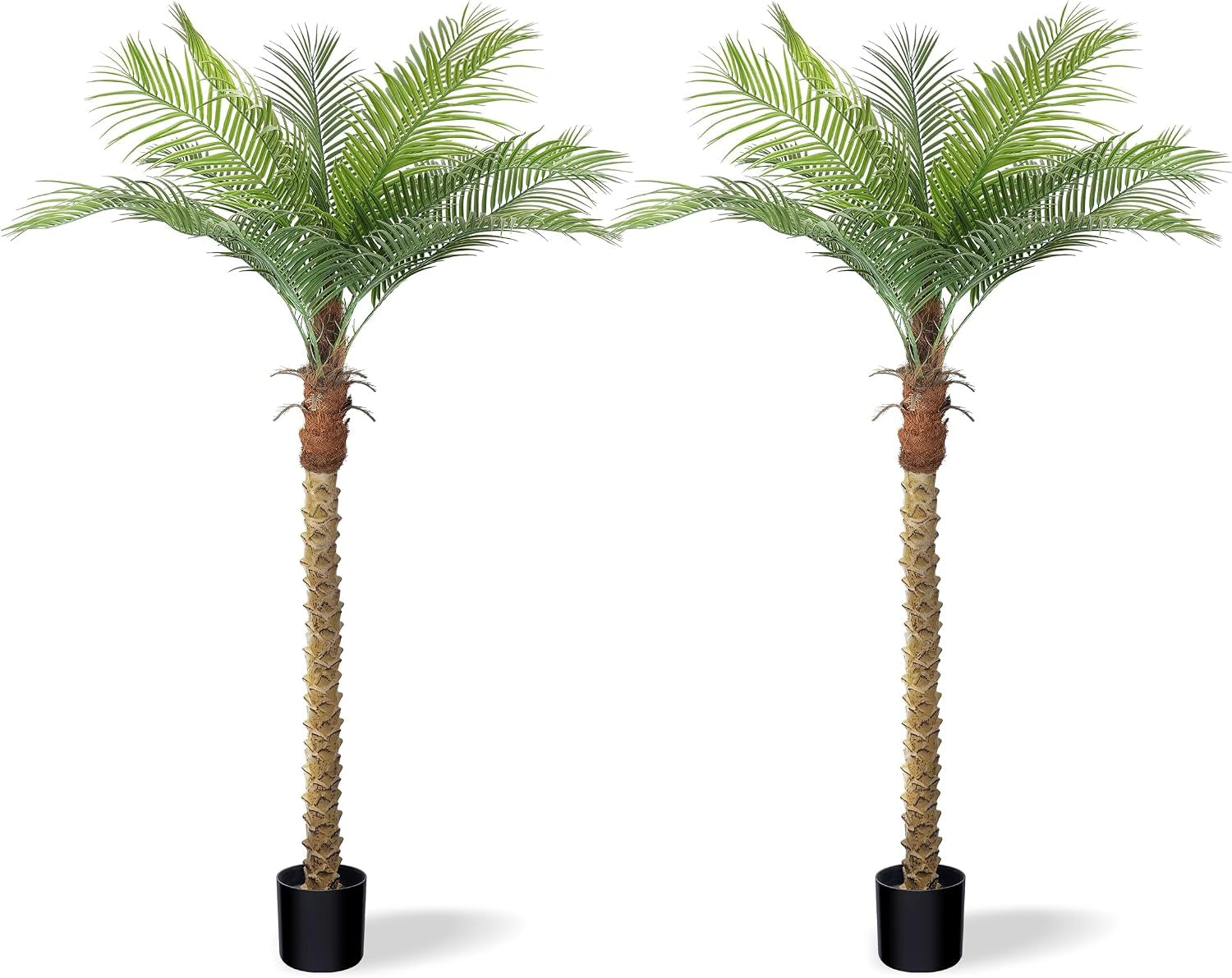 Pair of full-length artificial palm trees shown side-by-side on white background, black plastic pots visible.