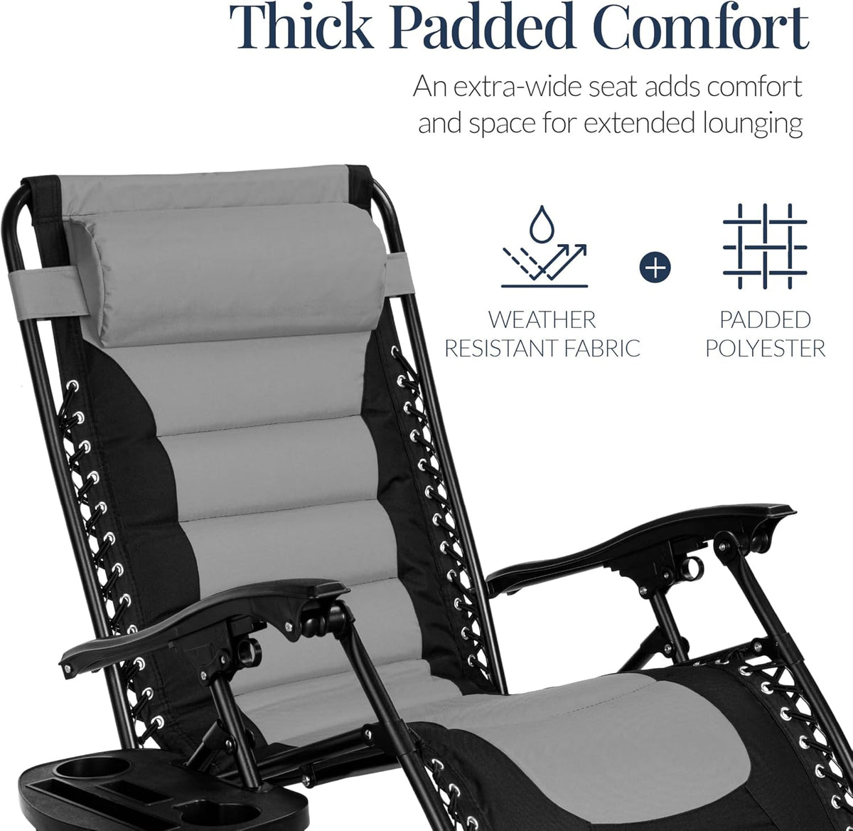 Close-up of black and gray padded recliner fabric and detachable cupholder tray