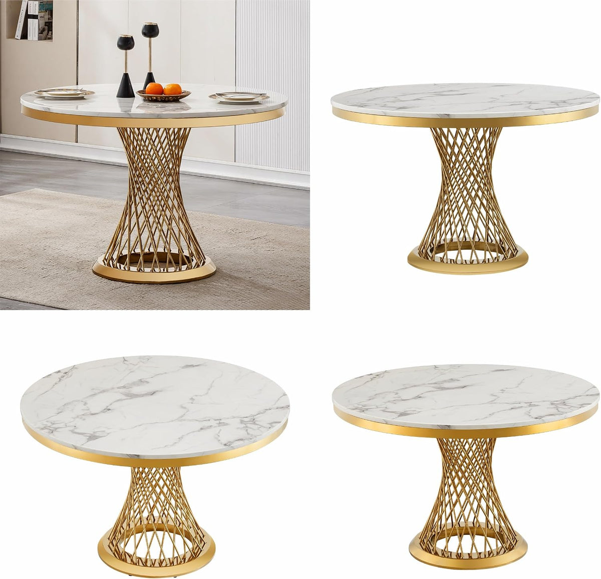 Four product views on white background showing the round marble top and woven gold metal pedestal base