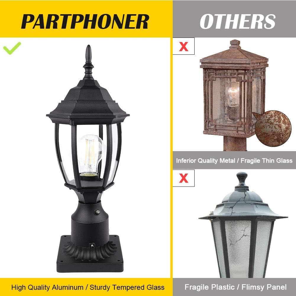 Black post lantern front view with comparison graphics emphasizing high-quality aluminum and tempered glass