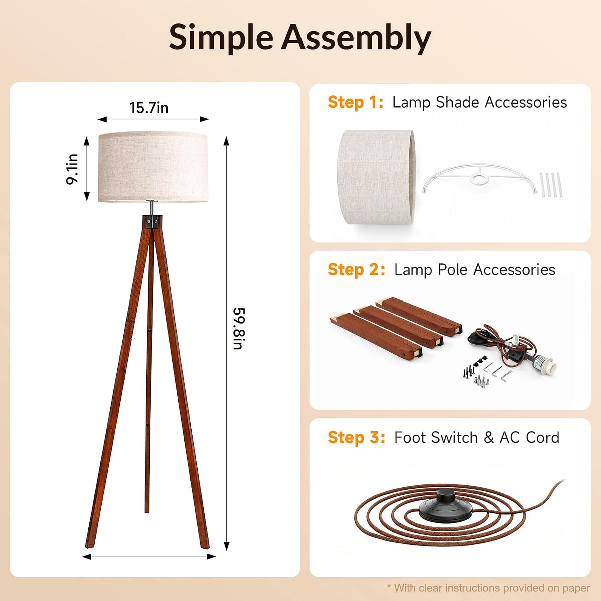 Front view of tripod floor lamp with linen shade, dimension arrows and three small assembly step images.