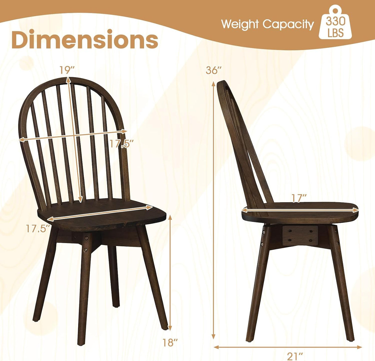 Dimension diagram showing front and side measurements, seat and backrest sizes and 330 lb capacity label