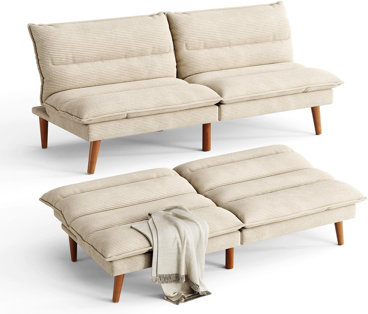 Beige corduroy futon shown both as sofa and fully flat bed on a white background