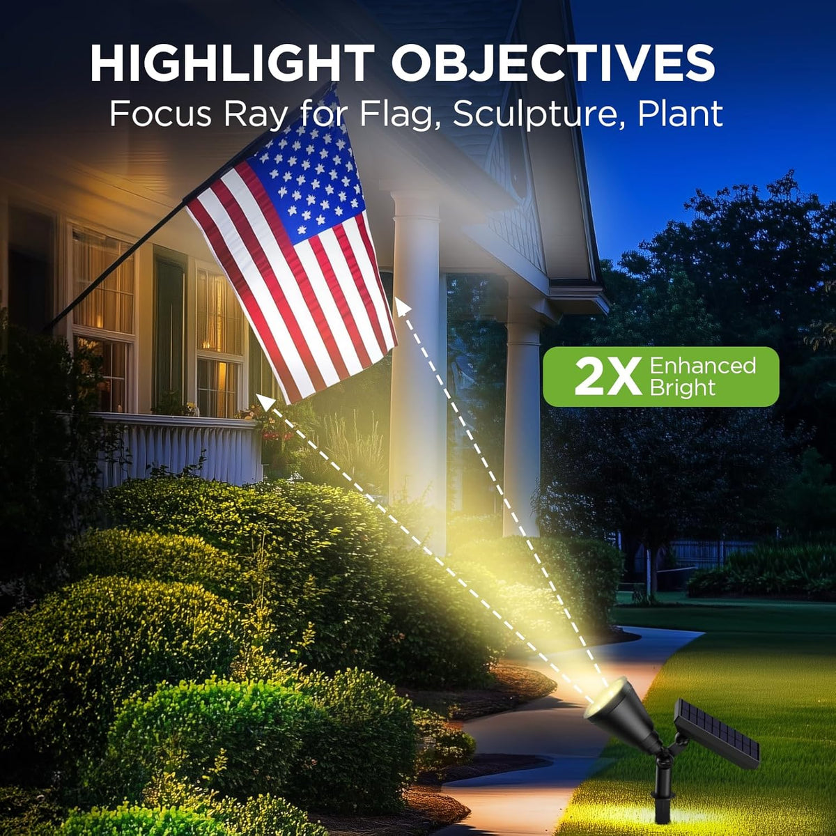 Solar spotlight casting a focused beam on a walkway and flag at dusk, angled landscape view