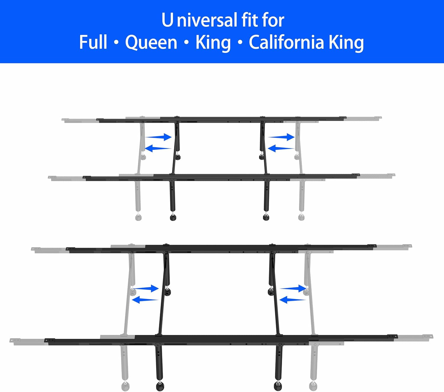 Black crossbar kit showing adjustable middle legs with blue arrows illustrating lateral adjustability and universal fit text