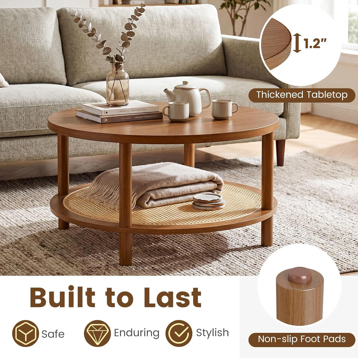 Close-up of brown round tabletop and woven lower shelf with tabletop thickness inset