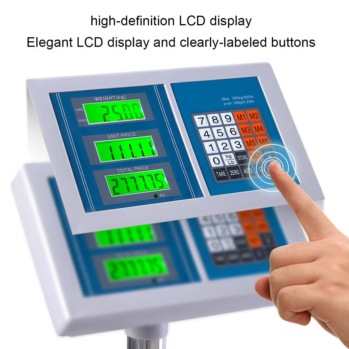 Close-up of the scale’s green LCD screens and keypad, with a finger pressing a button.