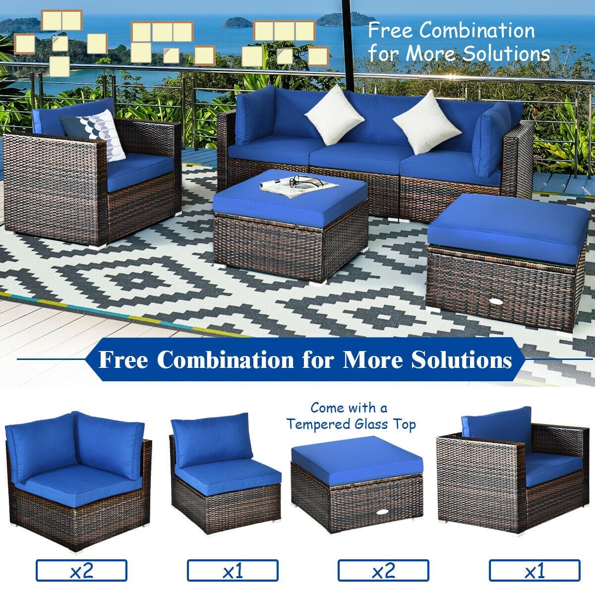 6 Pcs Patio Rattan Furniture Set with Sectional Cushion