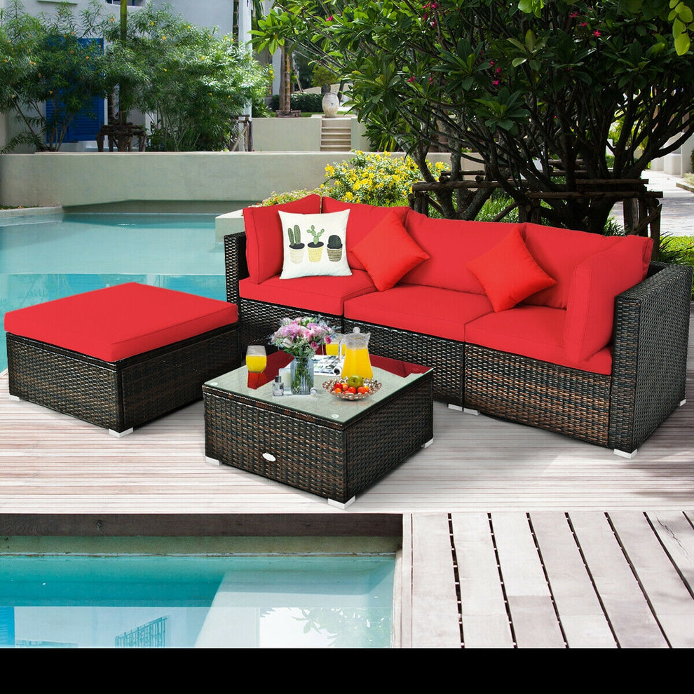 5 Pcs Outdoor Patio Rattan Furniture Set Sectional Conversation with Navy Cushions, Red
