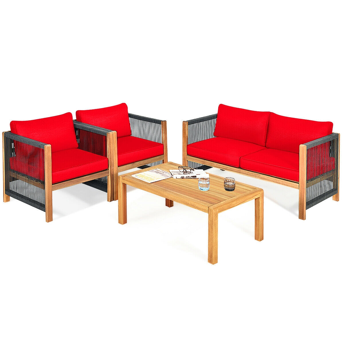 4 Pieces Acacia Wood Outdoor Patio Furniture Set with Cushions