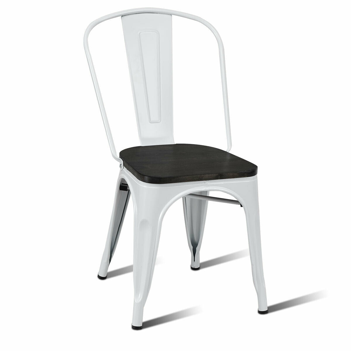 White metal chair with a dark wood seat, viewed from the opposite angle against a white background.