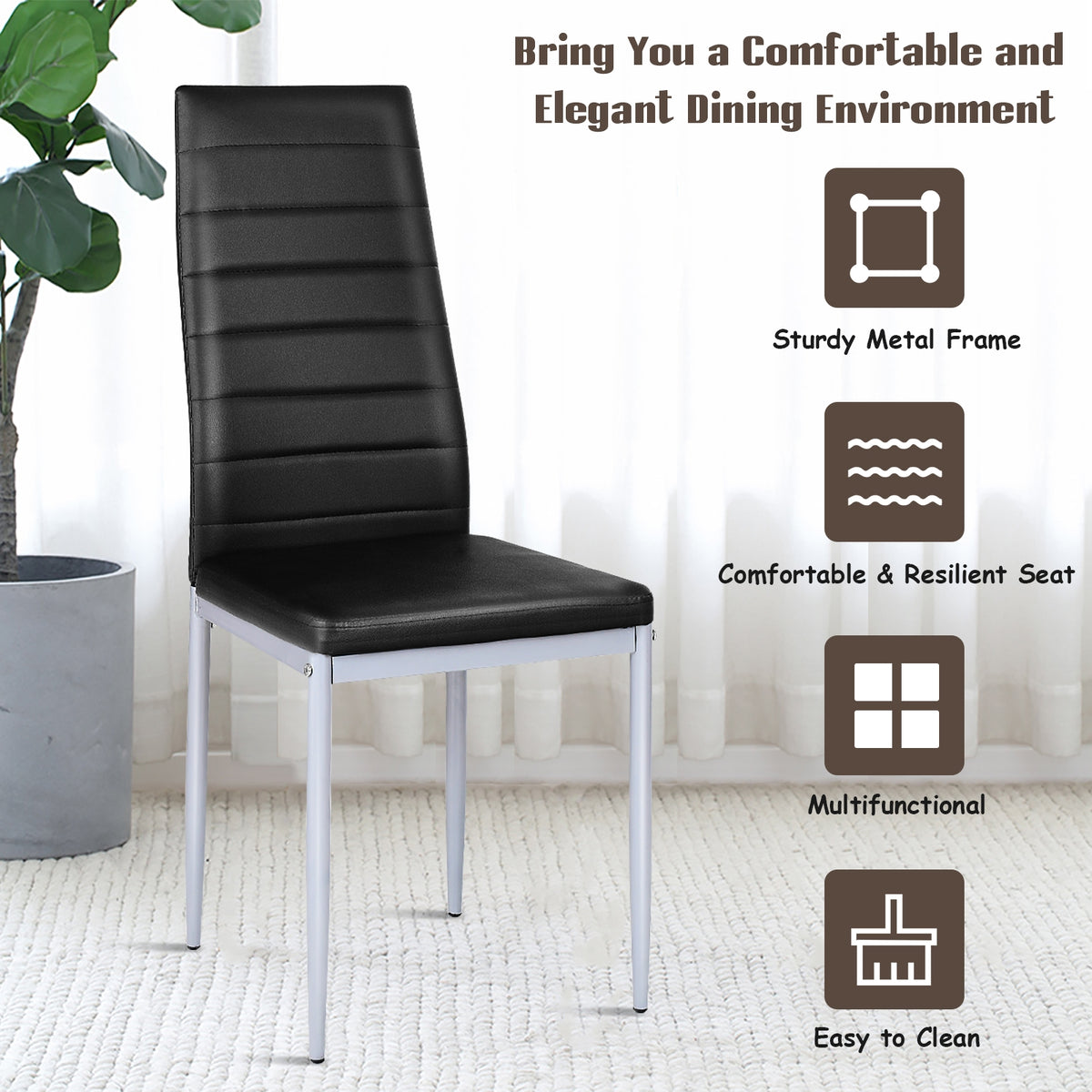 Black padded dining chair with a tall horizontal-stitched back and silver legs beside a potted plant.