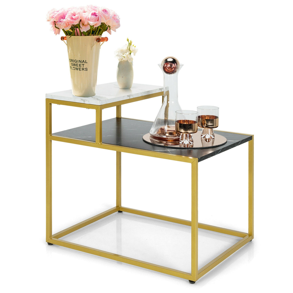 2 Tier End Side Table with Metal Frame and Storage Shelf for Living Room, White