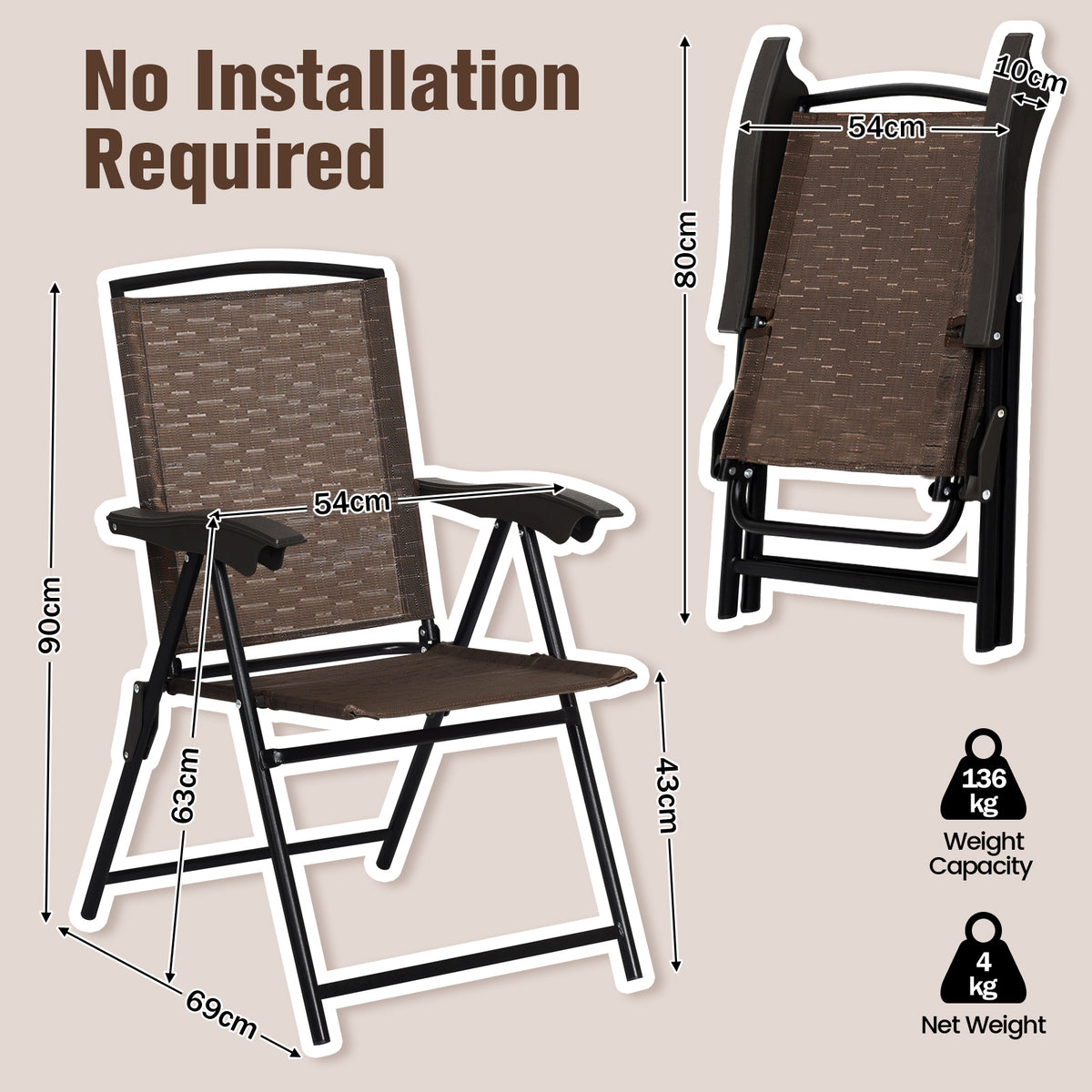 Brown sling-back folding chair shown open and folded, with measurement arrows and feature icons.