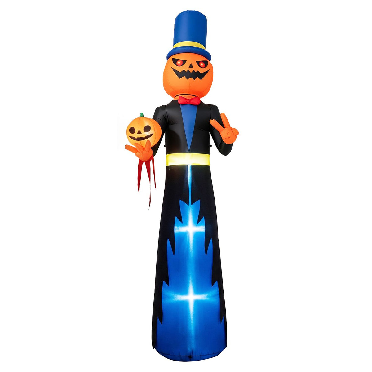 A pumpkin-headed inflatable gentleman in a blue top hat and glowing blue-and-black outfit, shown on white.
