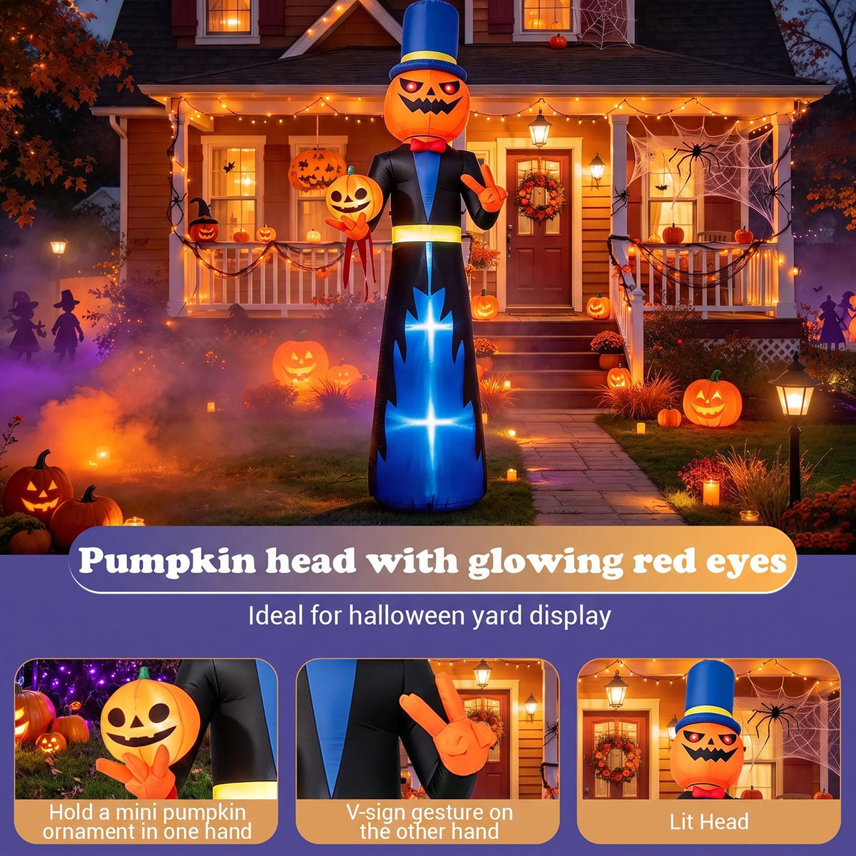 Tall pumpkin-headed figure in a blue top hat stands on a decorated Halloween porch, with three close-up insets below.