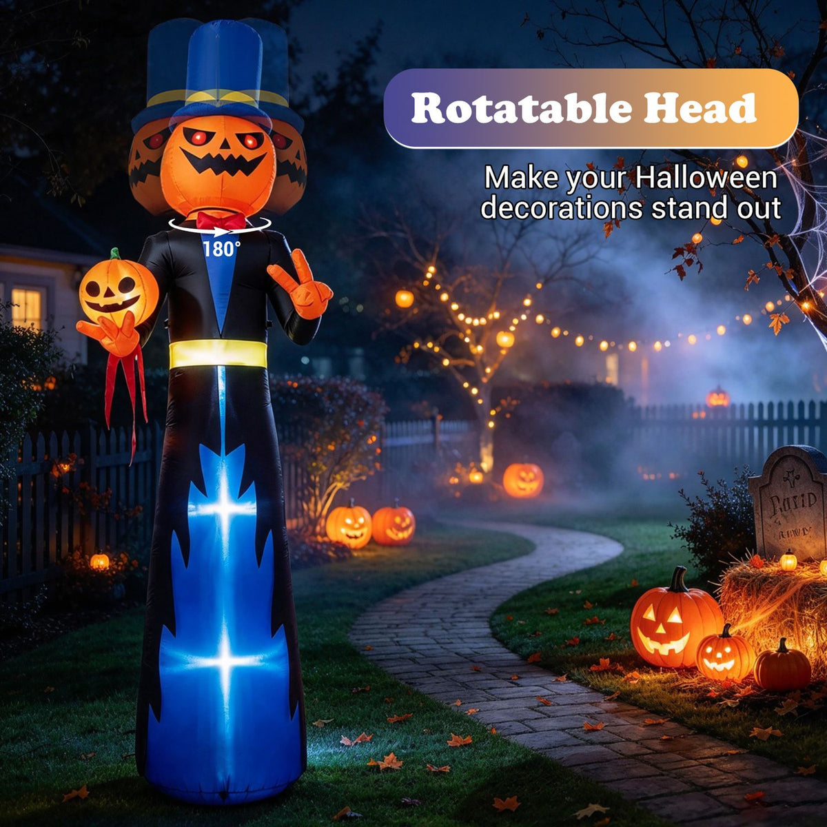 Illuminated pumpkin-headed figure in a top hat poses among pumpkins and lights on a foggy garden path.