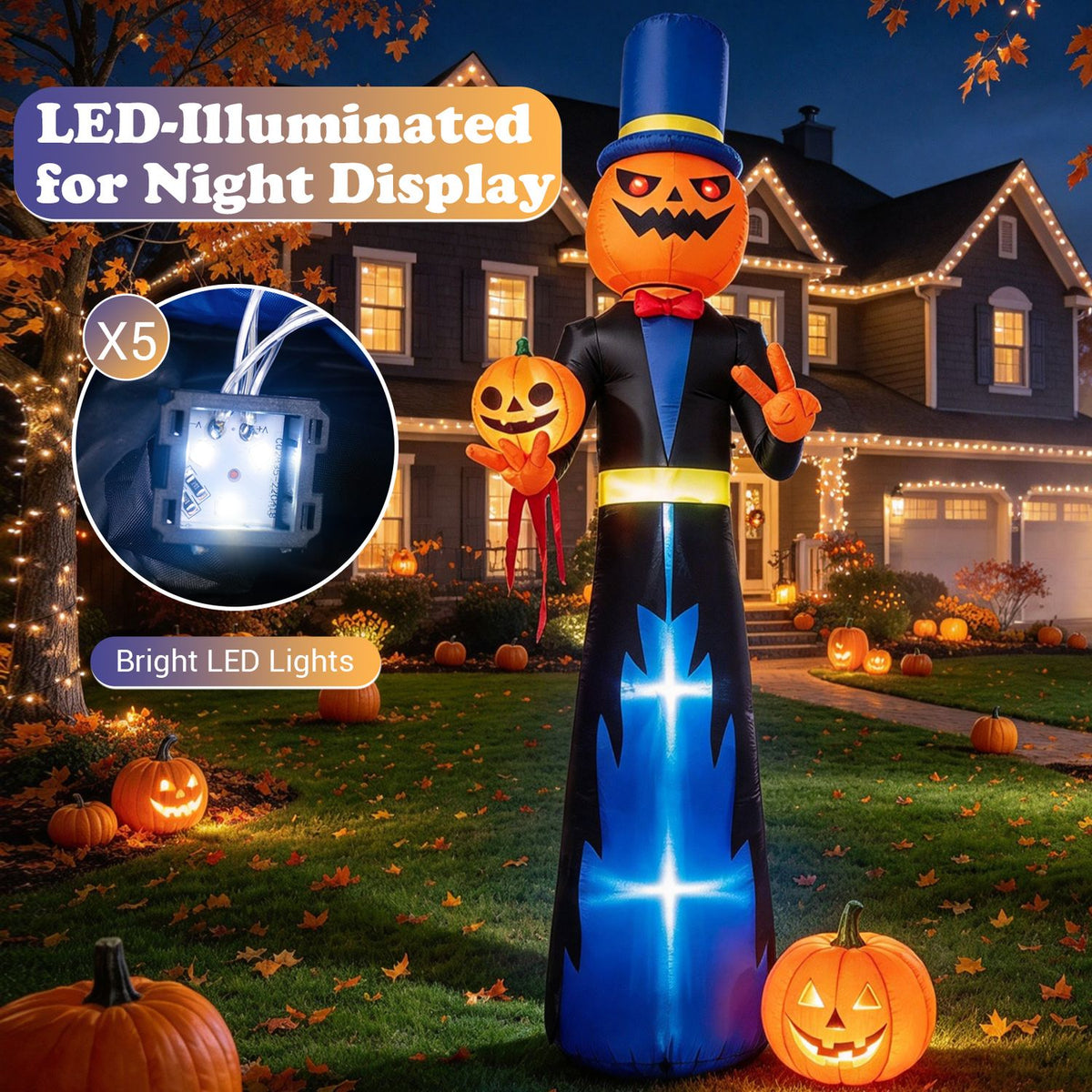 Glowing pumpkin-headed figure stands in a decorated yard; a circular inset shows a close-up of its lights.