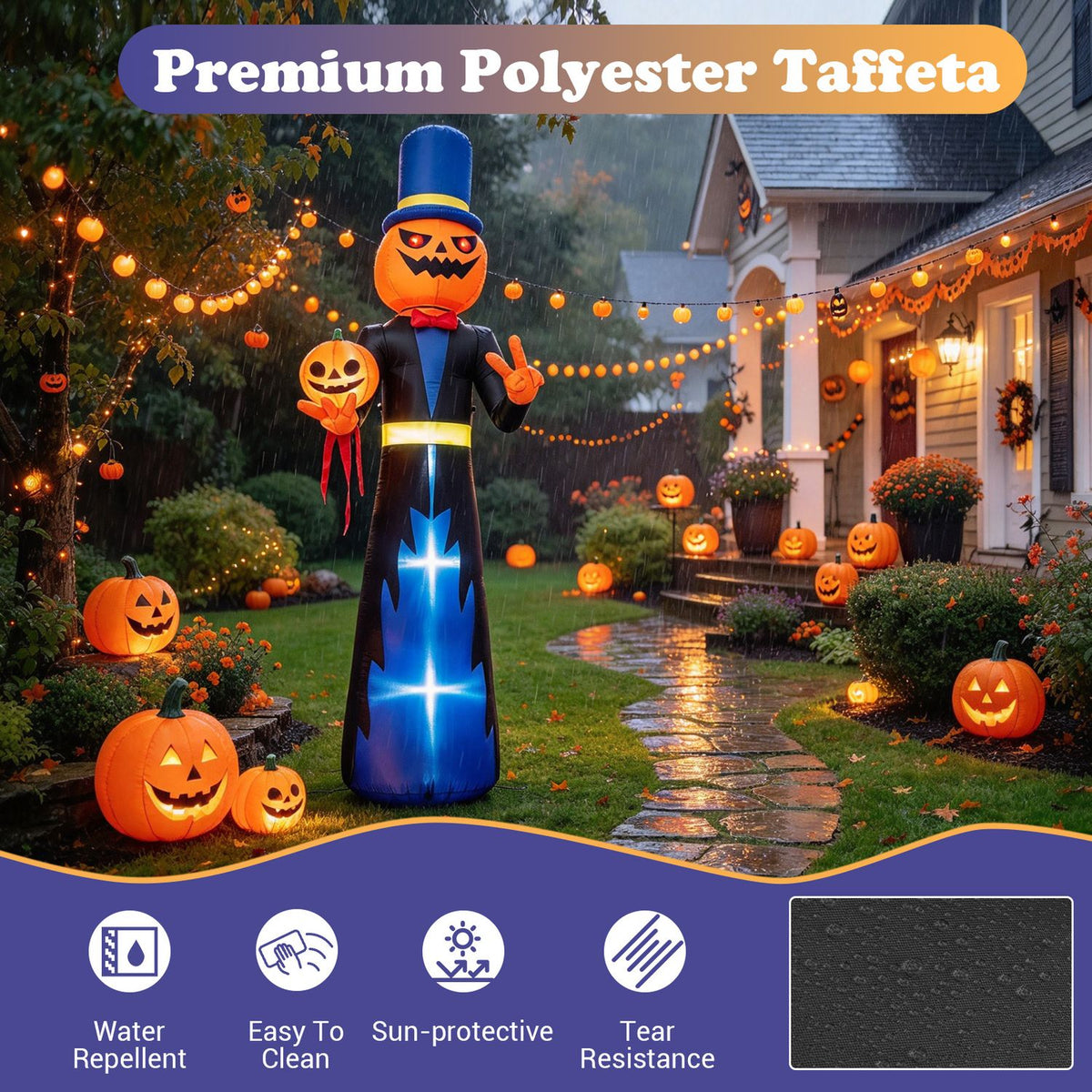 Pumpkin-headed figure stands in a decorated garden beside an inset showing dark, textured fabric.