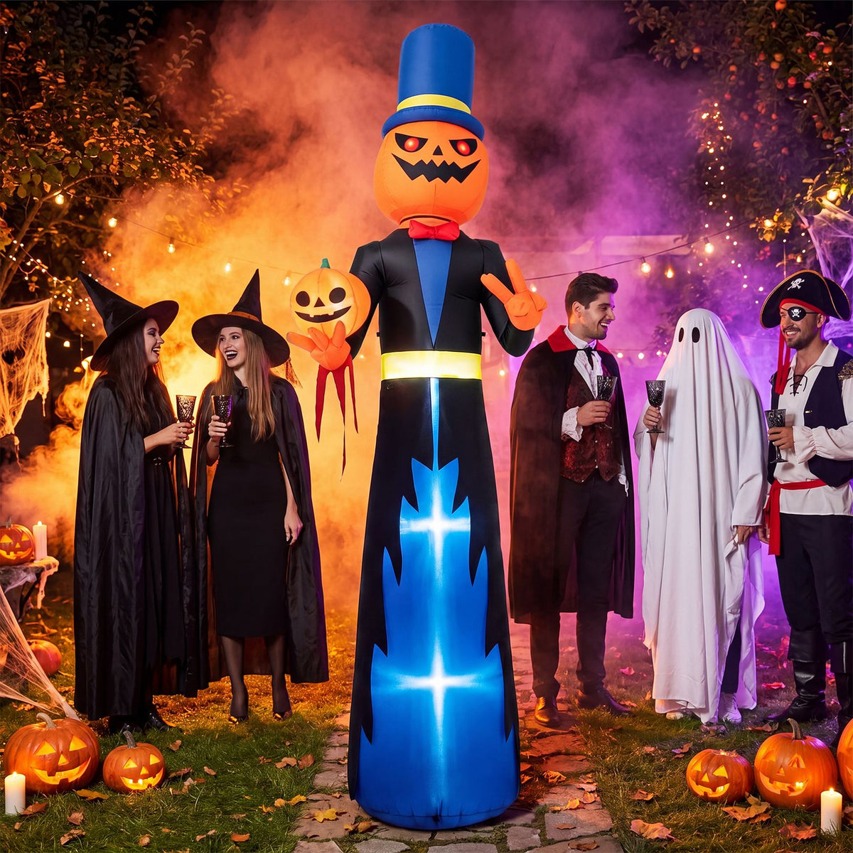 A glowing pumpkin-headed inflatable gentleman stands among adults in costumes at a smoky outdoor party.