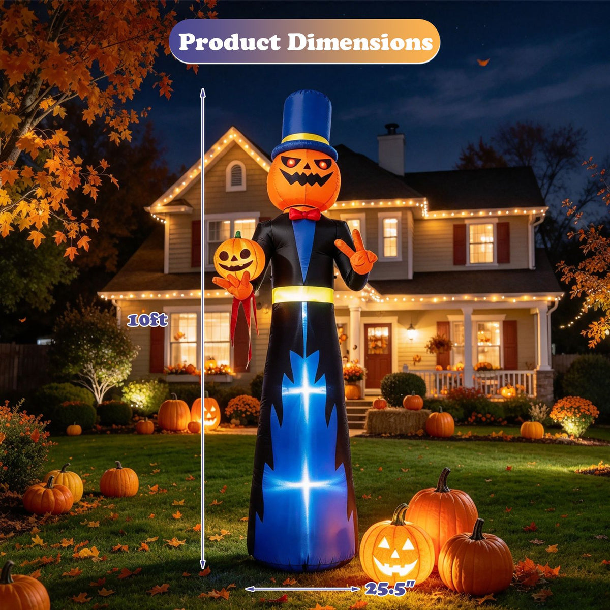 The inflatable stands on a lawn in front of a house, with arrows marking its height and base width.