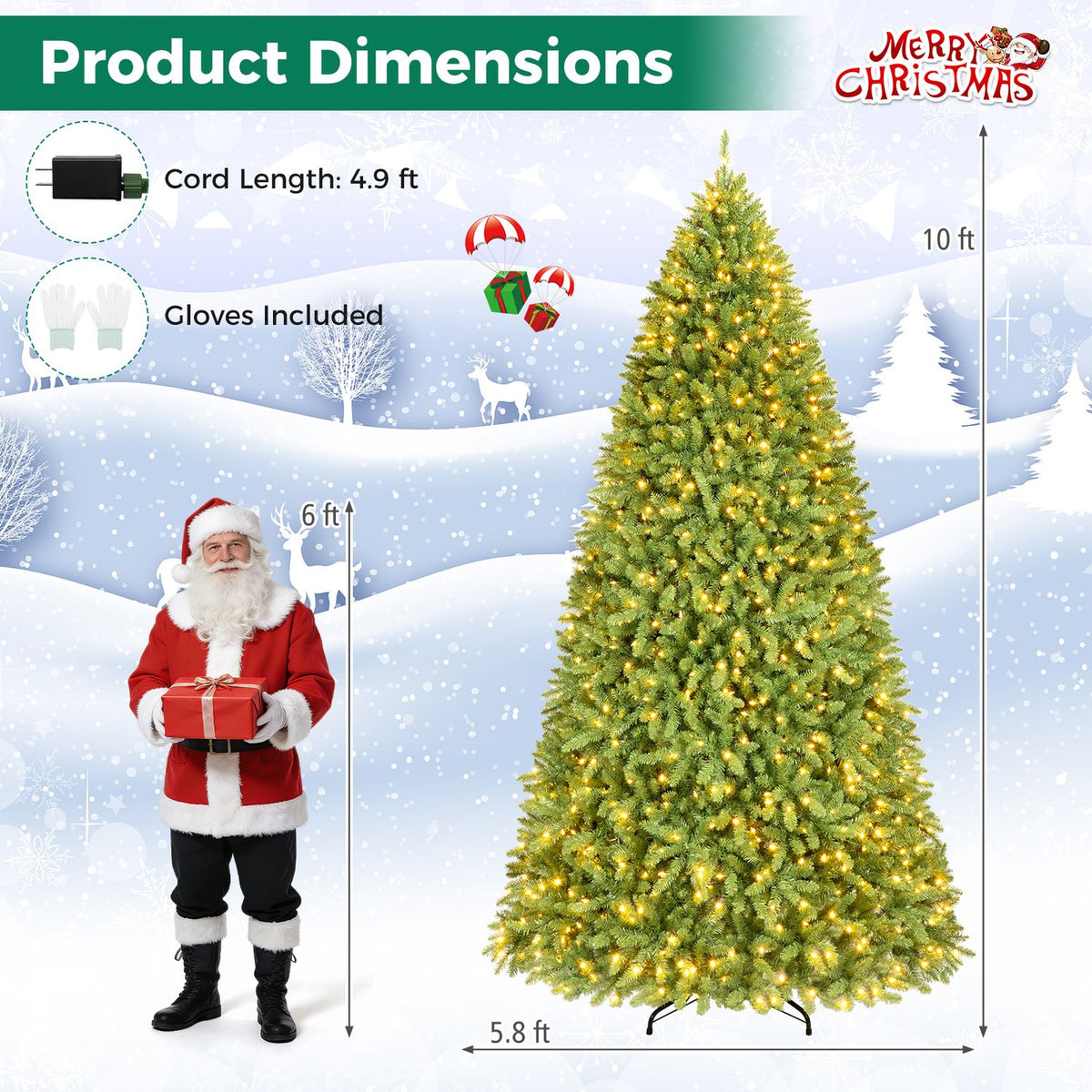 Lit artificial Christmas tree shown beside a Santa figure, with arrows marking its height and width.