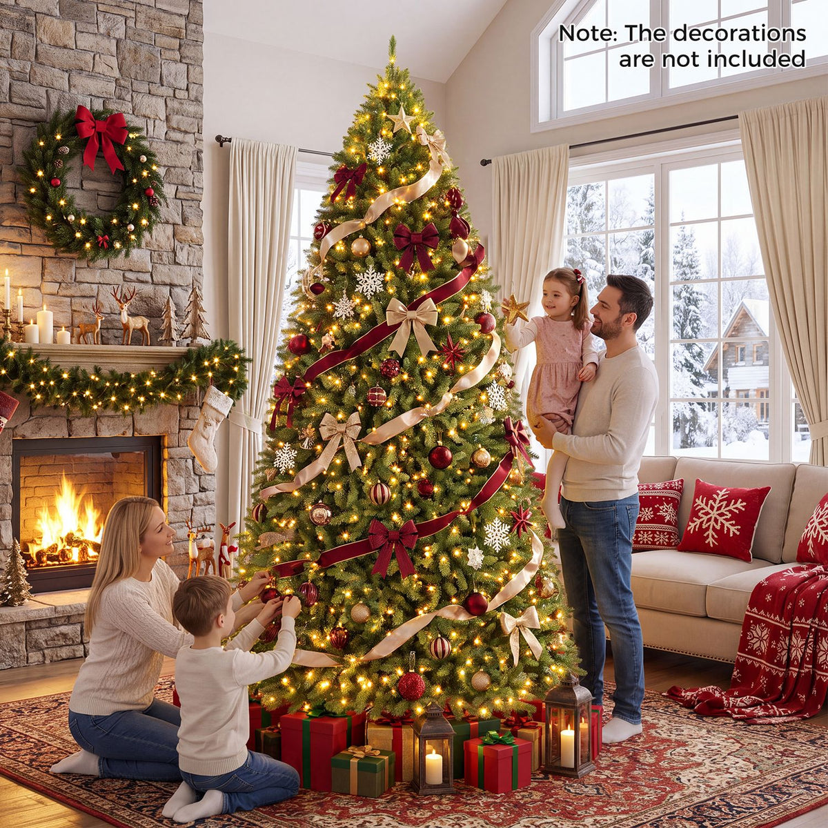 Family decorating a warmly lit Christmas tree with ribbons and ornaments in a festive living room.