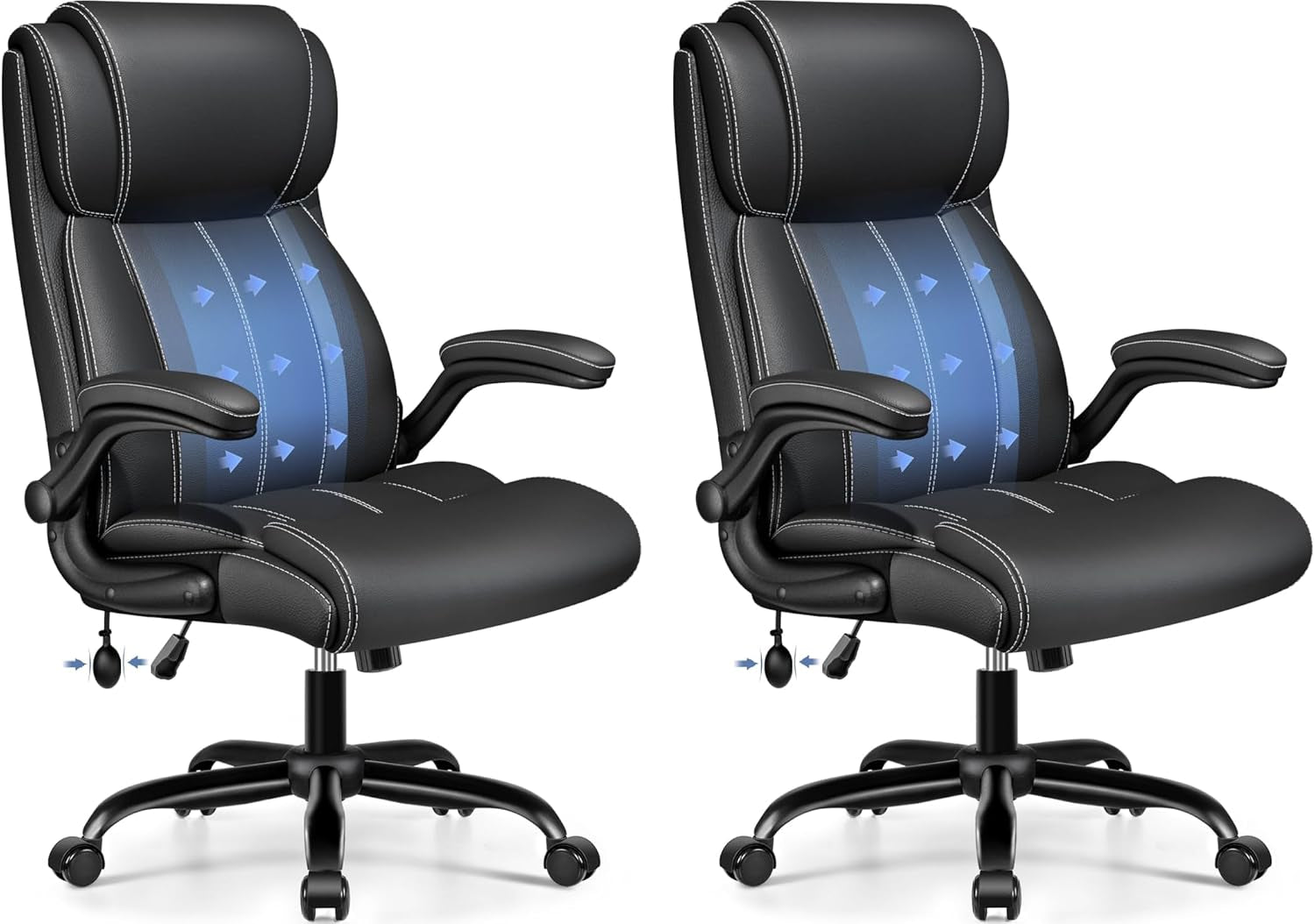 Two black office chairs side-by-side, close-up front-right angles on white background.