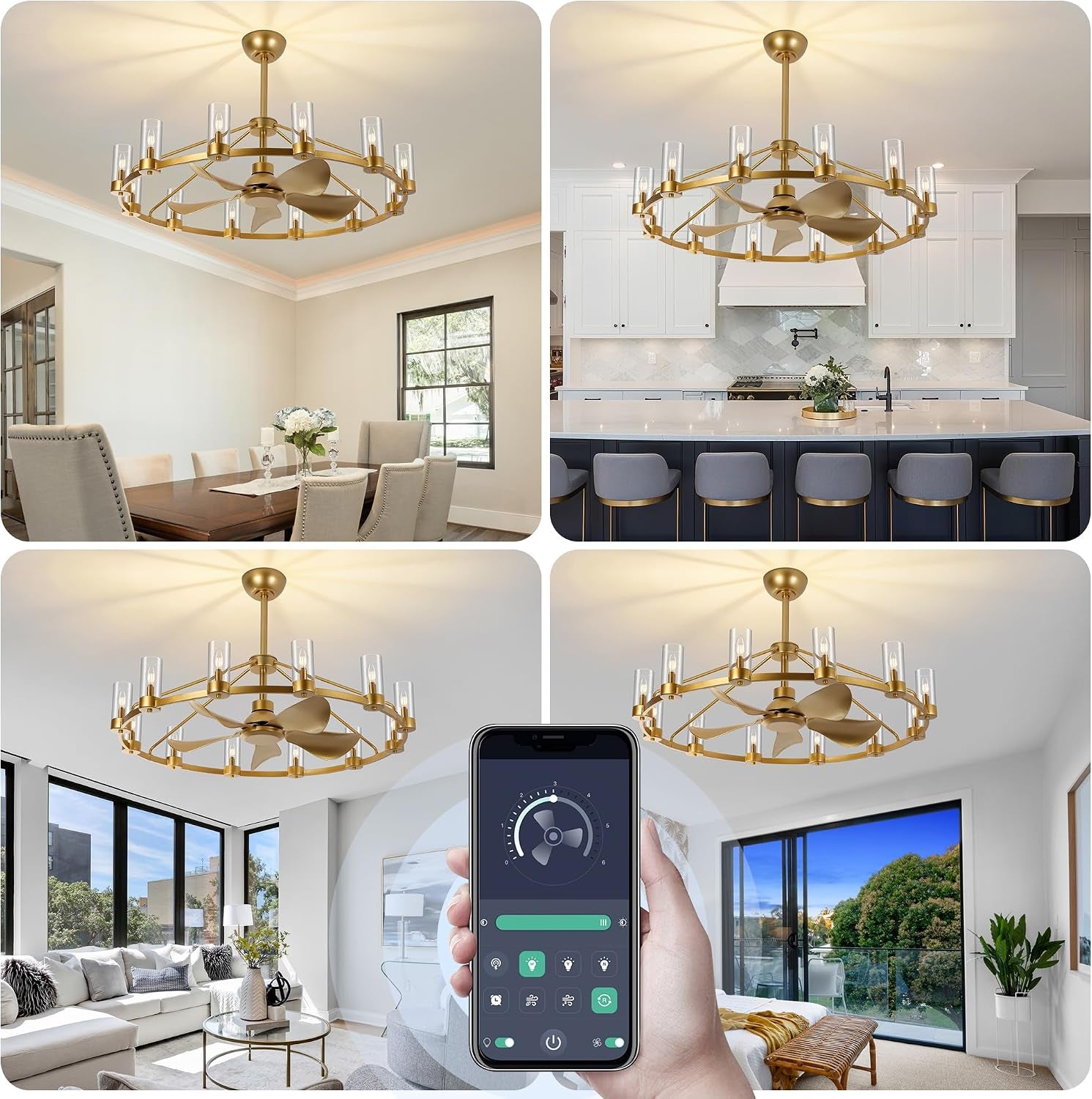 Four-room lifestyle montage of the gold chandelier fan in dining, kitchen and living settings with smartphone app controls in