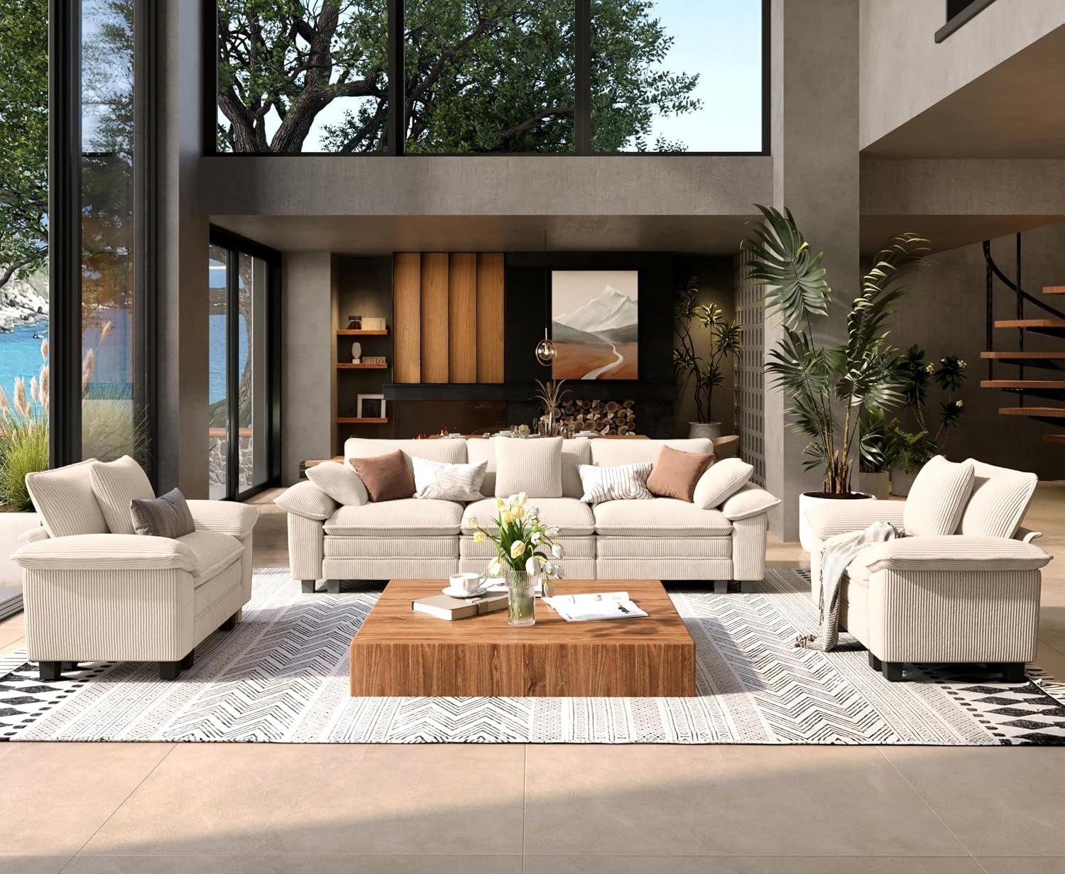 Cozy living space with a cream textured sofa set, armchairs, patterned rug and wood coffee table.