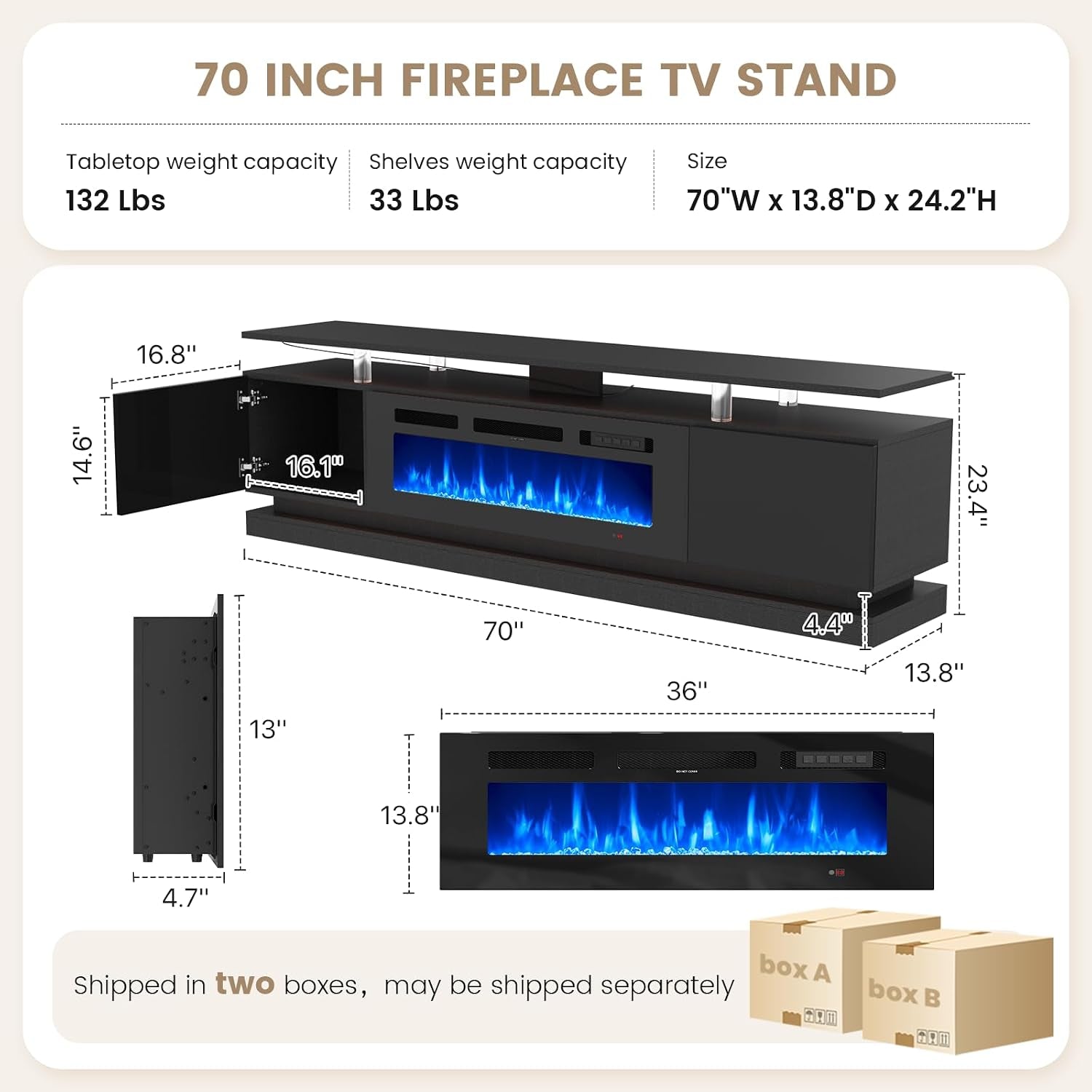 dimension diagram of a 70" TV stand with electric fireplace insert and labeled measurements